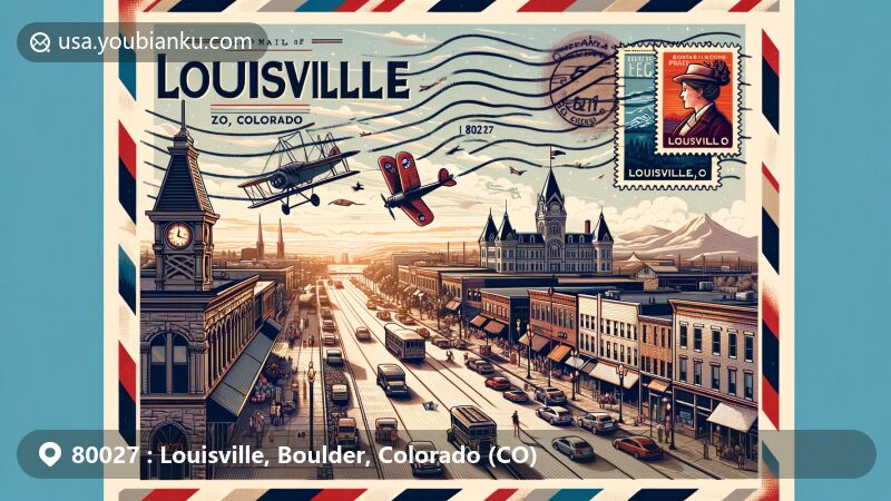 Modern illustration of Louisville, Colorado, blending postal elements with local landmarks like Steinbaugh Pavilion and Denver-Boulder Turnpike, highlighting ZIP code 80027 and Louisville's coal mining history.