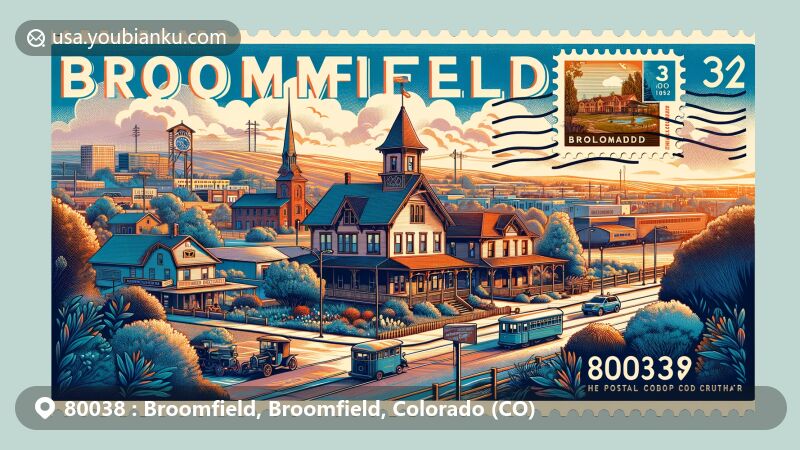Modern illustration of Broomfield, Colorado, with Brunner Farmhouse and Broomfield Depot Museum, showcasing postal theme with ZIP code 80038 and postcard design.