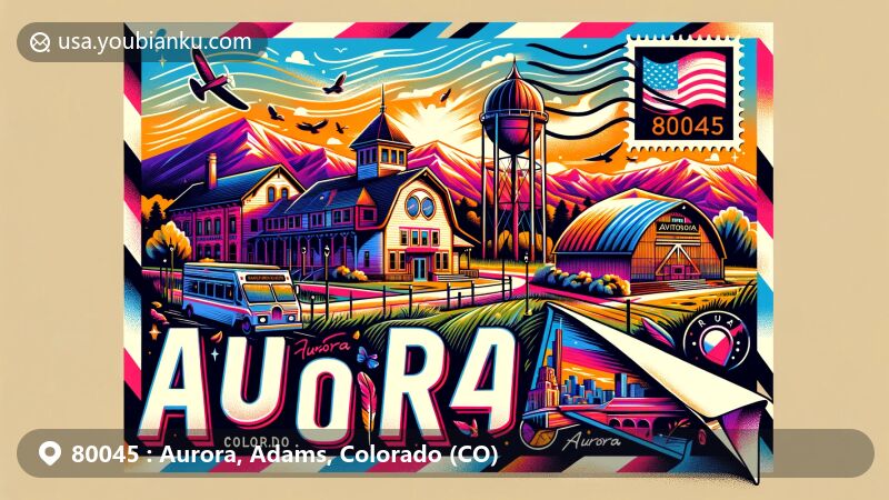 Modern illustration of Aurora, Adams County, Colorado, showcasing postal theme with ZIP code 80045, featuring DeLaney Farm Historic District, Aurora Fox Arts Center, Colorado Freedom Memorial, and Rocky Mountains silhouette.