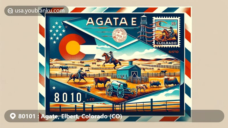 Modern illustration showcasing Agate, Colorado, combining rural and western heritage with postal elements, featuring airmail envelope with map outline, vintage postage stamp, and postmark.