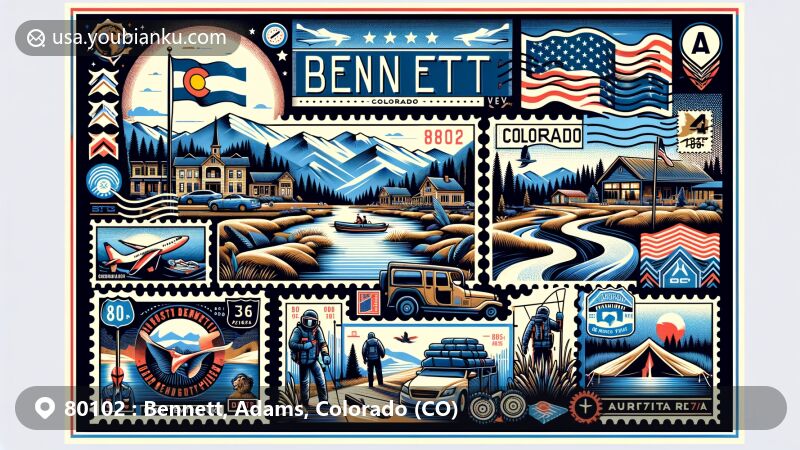 Modern illustration of Bennett in Adams County, Colorado, capturing the essence of the ZIP code area 80102 with a creative postal theme and references to storm chaser Tim Samaras and local recreational activities.