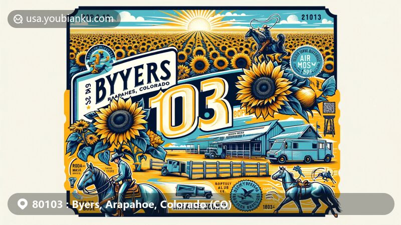 Vibrant illustration of Byers, Arapahoe County, Colorado, highlighting sunflower fields, rodeo activities, and the historic Byers Post Office, with a postal theme of ZIP code 80103.