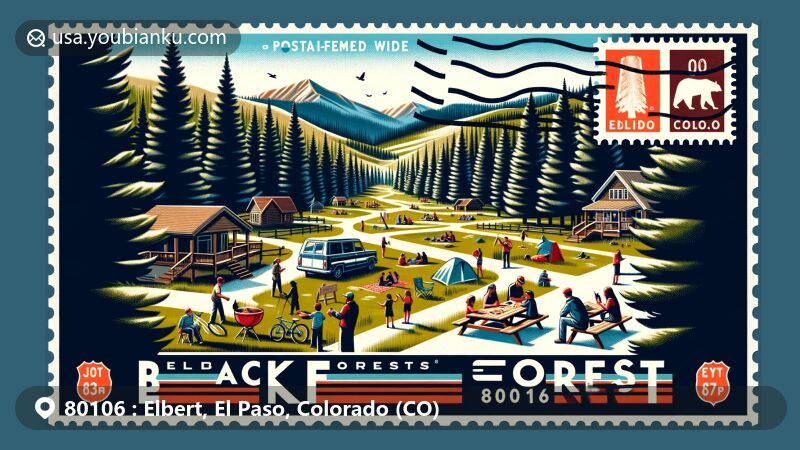 Modern illustration of Black Forest in Elbert, Colorado, showcasing postal theme with ZIP code 80106, featuring dense pine forest against rolling highlands and community spirit through outdoor activities.