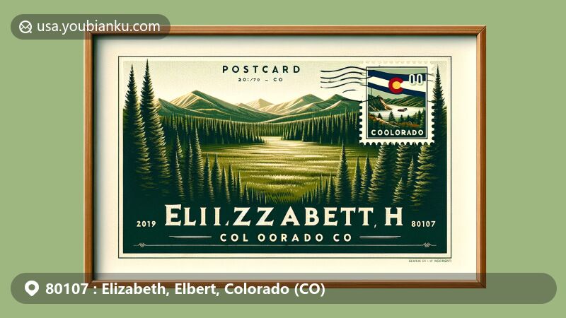 Modern illustration of Elizabeth, Elbert County, Colorado, highlighting postal theme with ZIP code 80107, featuring vibrant pine forests and iconic Colorado landscapes.