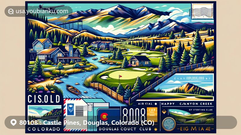 Modern illustration of Castle Pines, Colorado, highlighting natural beauty and community features, including Castle Pines Golf Club, Happy Canyon Creek, Elk Ridge Park, and Daniels Park.