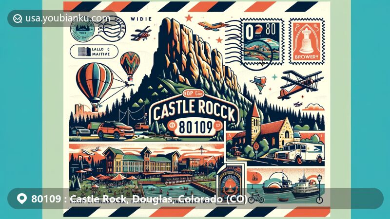 Modern illustration of Castle Rock, Colorado, highlighting iconic castle-shaped butte, outdoor activities at Philip S. Miller Park, community hub Festival Park events, and symbols of local brewing culture.