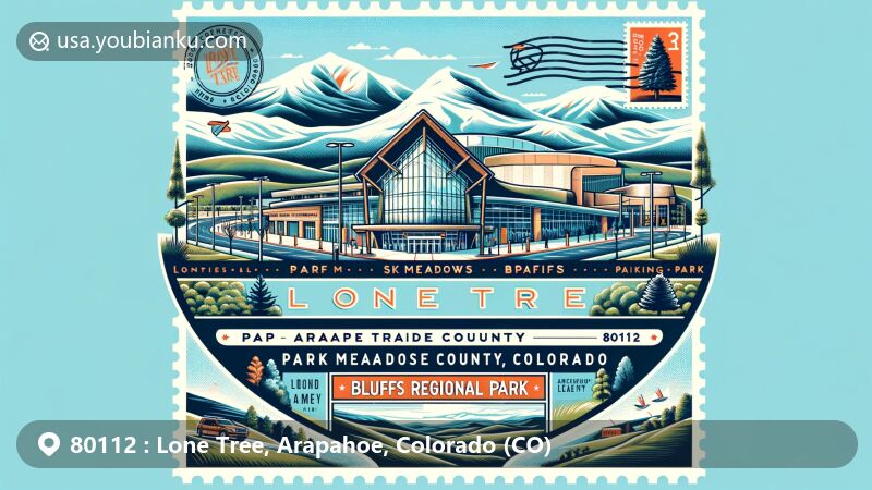 Modern illustration of Lone Tree, Arapahoe County, Colorado (CO), showcasing Park Meadows Mall's ski lodge-like architecture and Bluffs Regional Park's expansive grasslands, hiking trails, and views of Denver. Postal elements like postcards, stamps, and postmarks incorporated to highlight ZIP code 80112.