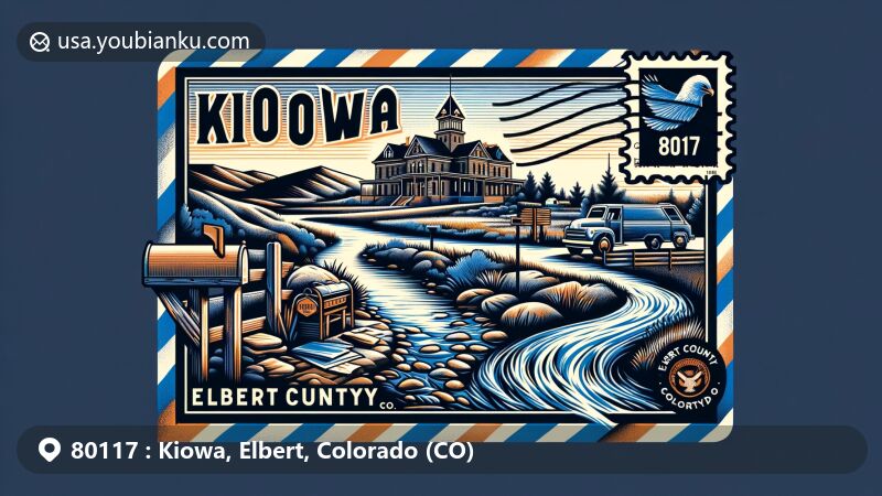 Modern illustration of Kiowa, Elbert County, Colorado, highlighting Kiowa Creek and the Elbert County Courthouse, honoring the town's history and architectural heritage, with postal elements including a vintage airmail envelope and postal symbols.