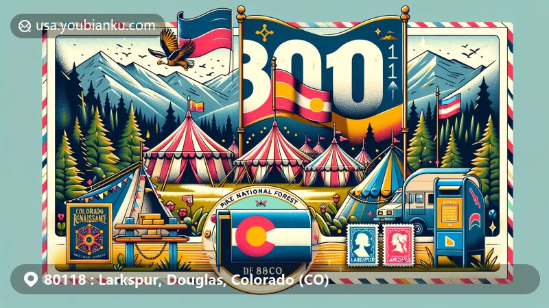 Modern illustration of Larkspur, Douglas County, Colorado, highlighting Colorado Renaissance Festival elements, Pike National Forest scenery, postal symbols, and Colorado state flag.