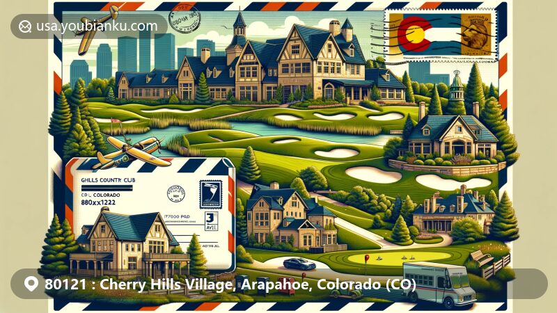 Modern illustration of Cherry Hills Village, Colorado, featuring iconic landmarks and postal themes on a vintage airmail envelope canvas with Colorado state flag stamp and ZIP code 80121, including Cherry Hills Country Club and Maitland Estate.