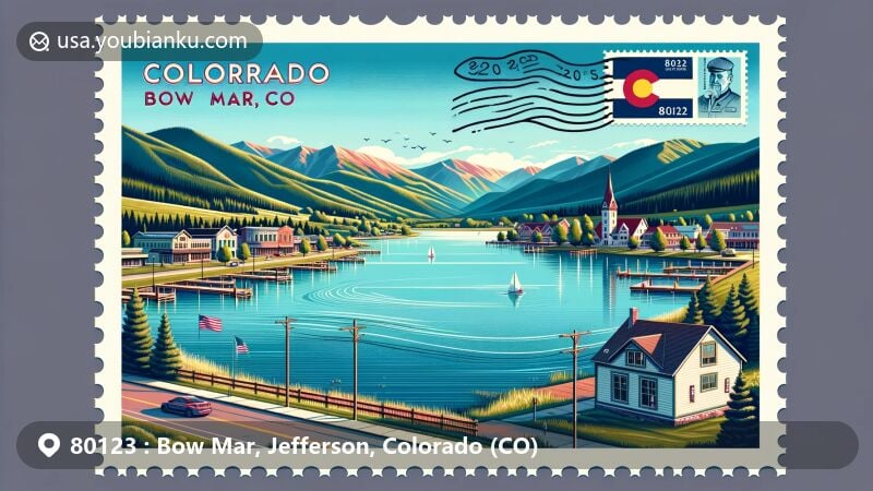 Modern illustration of Bow Mar, Jefferson County, Colorado, featuring tranquil lake and Colorado mountains with state flag, blending nature and postal elements.