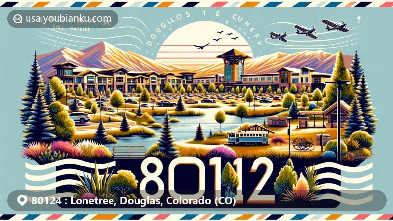 Modern illustration of Lone Tree, Douglas County, Colorado, showcasing postal theme with ZIP code 80124, featuring landscapes, suburban settings, and Park Meadows mall.