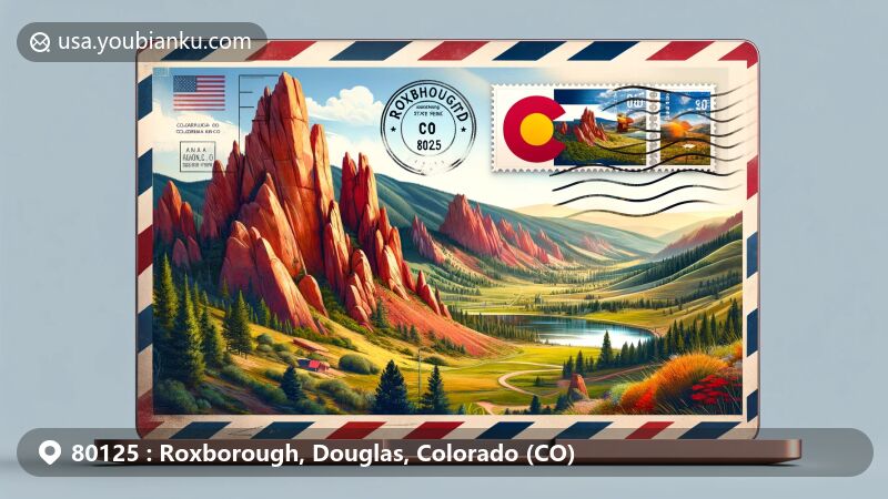 Modern illustration of Roxborough State Park, Colorado, capturing the scenic beauty with dramatic red rock formations, postal theme, and Colorado state symbols.