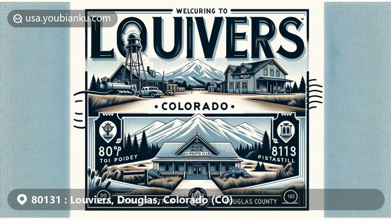 Modern illustration of Louviers, Colorado, in Douglas County, highlighting town's history and geographical features, including entrance sign, Colorado's natural scenery, and nods to Du Pont dynamite factory and Louviers Club.