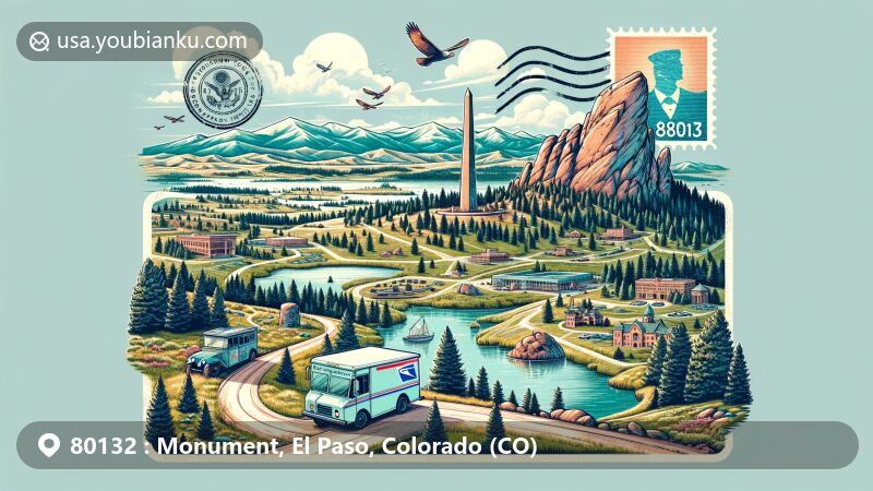 Modern illustration of Monument, Colorado, depicting aerial view with landmarks like Monument Rock, the Rampart Range, Pike National Forest, and Monument Lake, combined with vintage postal elements and local stamps.