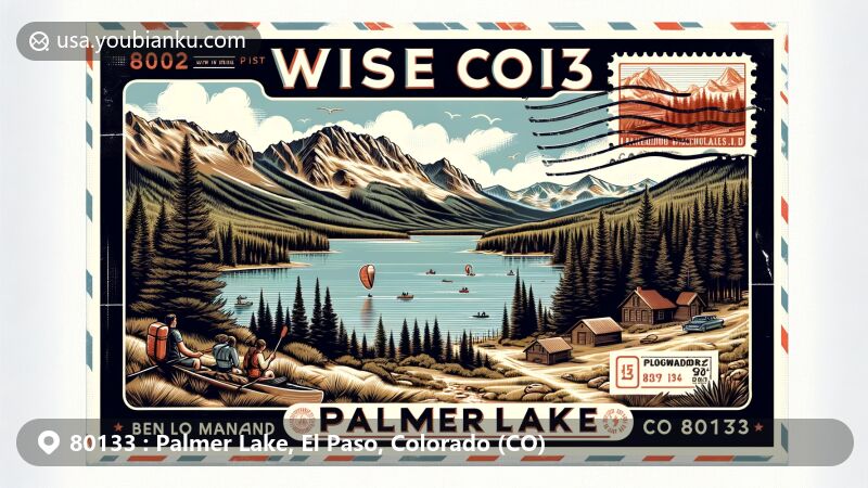 Vintage-style postcard of Palmer Lake, Colorado, featuring Ben Lomand Mountain and vibrant natural surroundings, showcasing outdoor activities like hiking, kayaking, and fishing.