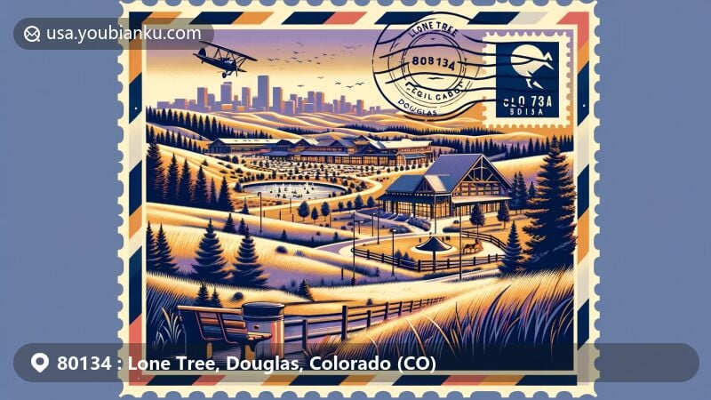 Modern illustration of Lone Tree, Douglas, Colorado, showcasing postal theme with ZIP code 80134, featuring Bluffs Regional Park, Park Meadows Mall, and Denver skyline.
