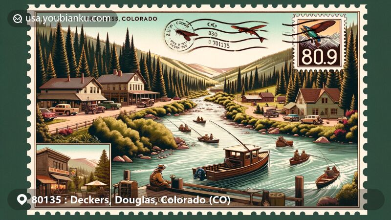 Modern illustration of Deckers, Colorado, representing ZIP code 80135, showcasing South Platte River, forests, and downtown area with shops, featuring fly-fishing theme and vintage postcard design.