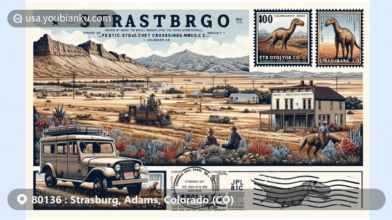 Modern illustration of Strasburg, Adams County, Colorado, highlighting ZIP code 80136, featuring Comanche Crossing Museum and West Bijou Site, reflecting the Great Plains ecosystem with postal elements like vintage postcard layout, a postage stamp, and a postmark.