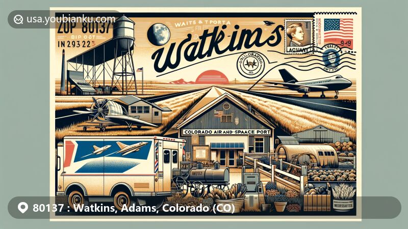 Modern wide illustration of Watkins, Colorado in Adams County, featuring ZIP code 80137 and vintage air mail envelope, Colorado Air and Space Port, and rural farming town vibes.