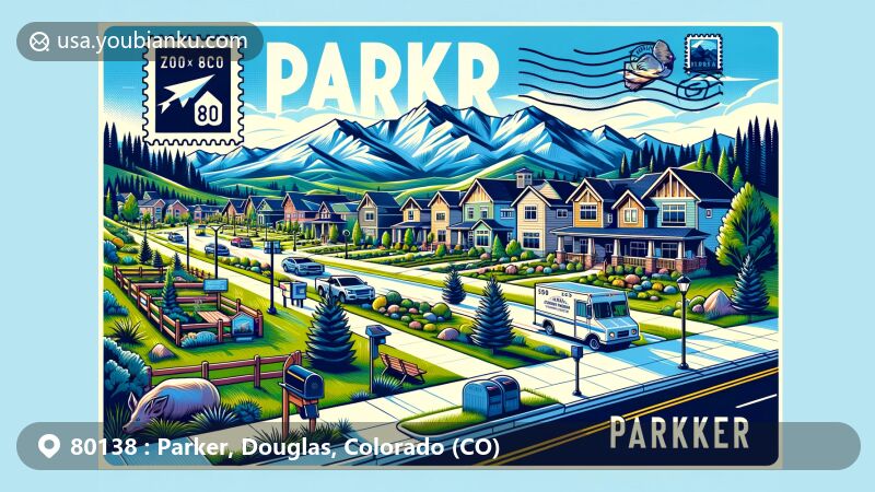 Creative illustration of Parker, Douglas County, Colorado, representing ZIP code 80138 with suburban landscapes, parks, and green spaces, highlighting the Rocky Mountain Front Range and postal themes.