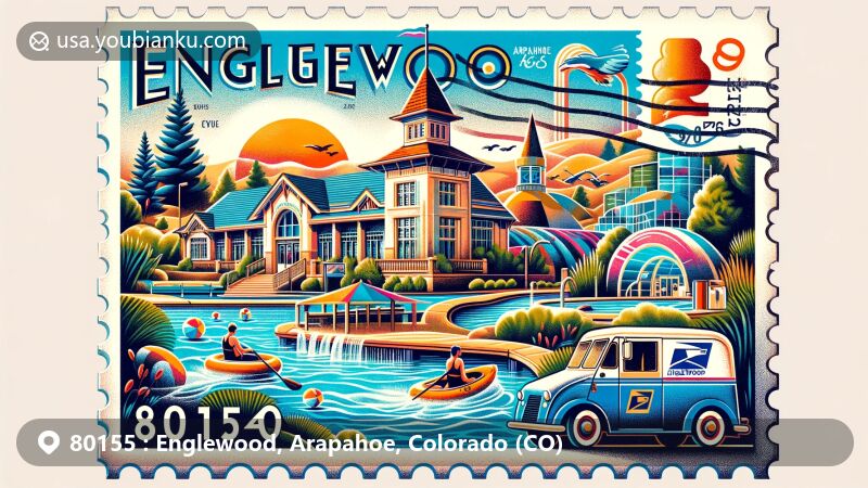 Modern illustration of Englewood, Colorado, featuring leisure and cultural landmarks like Pirates Cove Family Aquatic Center and Broken Tee Englewood Golf Course, with postal theme including ZIP code 80155.