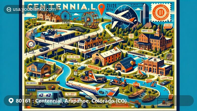 Modern illustration of Centennial, Arapahoe County, Colorado, blending natural scenery, historical landmarks, cultural elements, and postal theme with ZIP code 80161, featuring High Line Canal, Centennial Center Park, Littleton Museum, 17 Mile House Farm Park, Resolute Brewing Company, and The Clue Room.