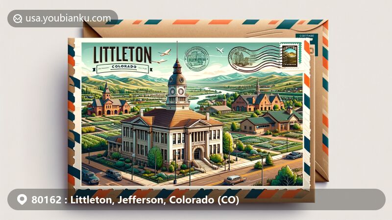 Modern illustration of Littleton, Colorado, featuring iconic Town Hall, historic Post Office, and Denver Botanic Gardens at Chatfield Farms. Includes postal elements like vintage stamp, incorporation date postmark, and ZIP code 80162, with subtle geography references.