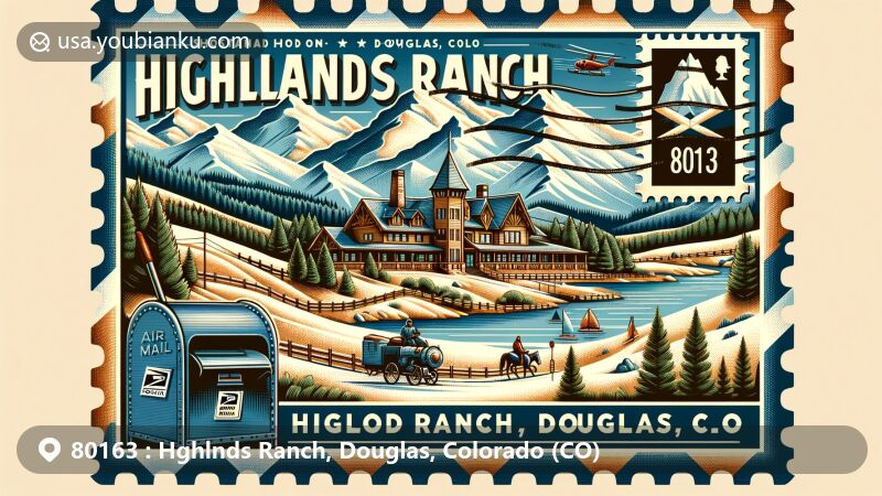 Modern illustration of Highlands Ranch, Douglas County, Colorado, highlighting ZIP code 80163, showcasing backcountry trails, Highlands Ranch Mansion, and snow-capped mountains on vintage air mail envelope backdrop.