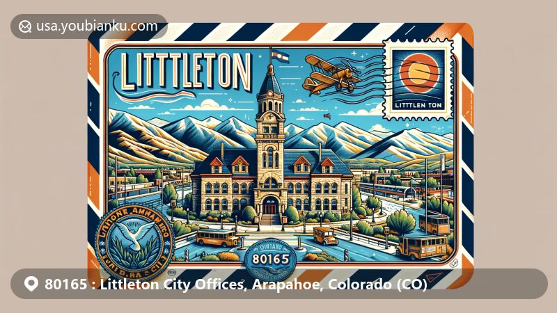 Modern illustration of Littleton Town Hall in Arapahoe County, Colorado, framed within vintage air mail envelope with ZIP code 80165 and featuring Rocky Mountains backdrop.