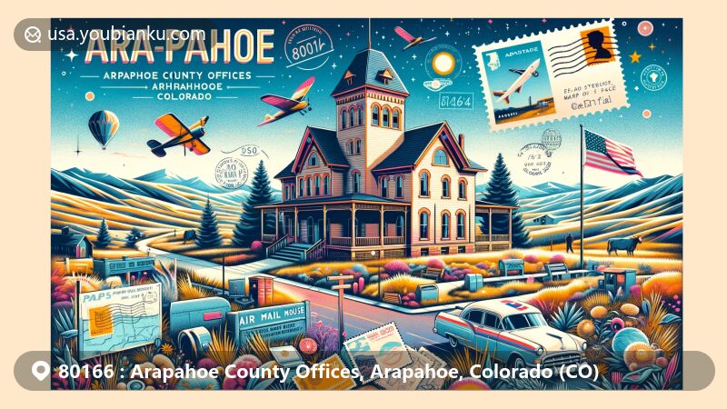 Modern illustration of Arapahoe County Offices area in Arapahoe, Colorado, depicting postal theme with postcards, air mail envelopes, stamps, and postmarks, incorporating local landmark Seventeen Mile House in Centennial. The scene creatively blends local features with postal elements, capturing the essence of Arapahoe County and the spirit of postal communication.