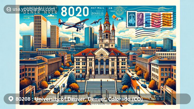 Modern illustration of University of Denver and surrounding areas in Denver, Colorado, featuring iconic buildings and landmarks, with postal elements like stamps and postmark for ZIP code 80208.