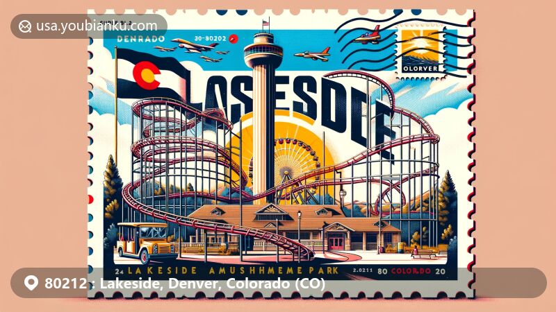 Modern illustration of Lakeside Amusement Park in ZIP code 80212, Denver, Colorado, featuring iconic rides like the 'Cyclone' roller coaster and observation tower, set against a backdrop of Colorado's state symbols.
