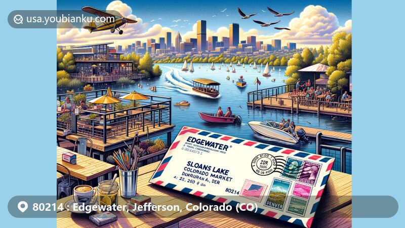 Modern illustration of Edgewater, Colorado, featuring Sloan's Lake, Denver skyline, and a stylish air mail envelope with postal elements, highlighting ZIP code 80214 and local community vibes.
