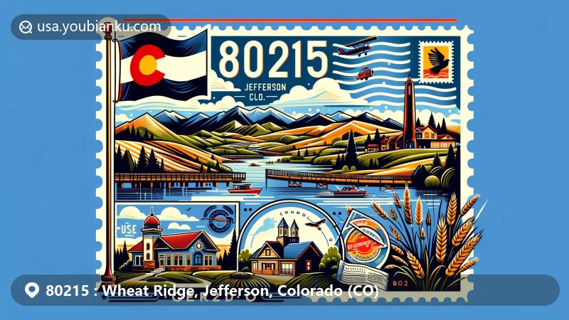 Modern illustration of Wheat Ridge, Jefferson County, Colorado, featuring Colorado state flag, Jefferson County outline, and landmarks like Crown Hill Lake and Wheat Ridge Greenbelt, with ZIP code 80215 and postal stamp symbolizing 'Carnation City'.
