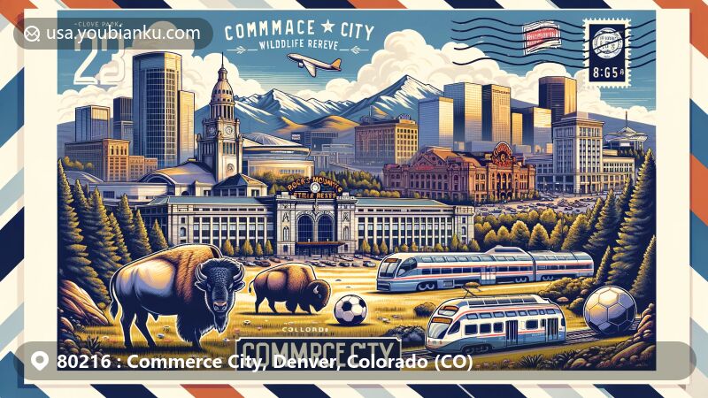 Modern illustration of Commerce City and Denver, Colorado, featuring iconic landmarks like Rocky Mountain Arsenal National Wildlife Refuge, Dick's Sporting Goods Park, and Union Station, framed within an air mail envelope with ZIP code 80216.