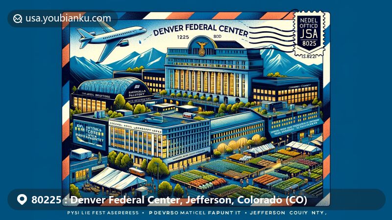 Modern illustration of Denver Federal Center in Jefferson County, Colorado, featuring postal theme with ZIP code 80225, showcasing landmarks like National Ice Core Laboratory and federal office campus.