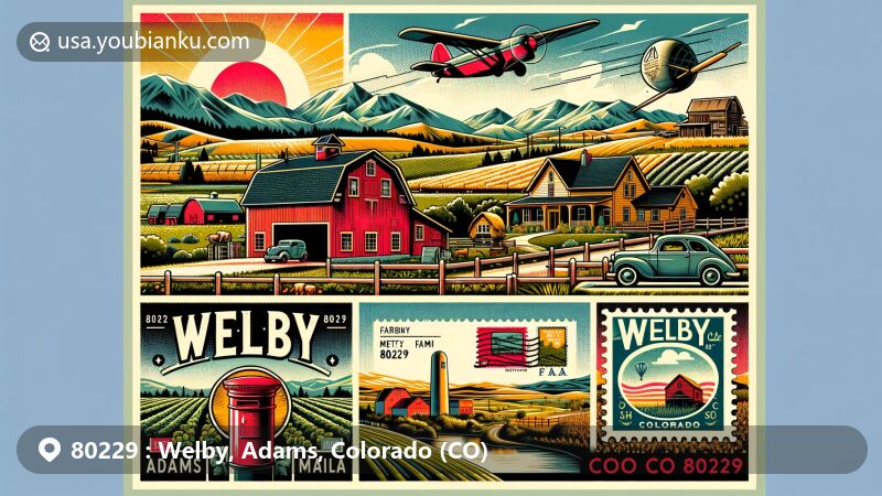 Vibrant illustration of Welby, Adams County, Colorado, representing zip code 80229 with farmlands, Rocky Mountains, Metzger Farm, air mail envelope, 'Welby, CO 80229' postmark, Rocky Mountain stamp, and red mailbox.