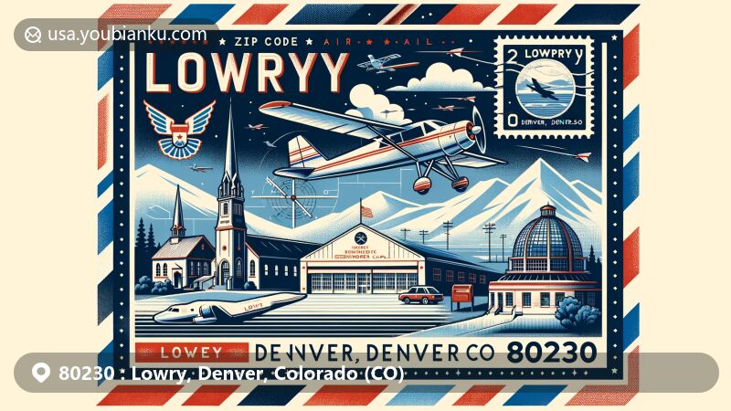 Modern illustration of ZIP Code 80230, Lowry area, Denver, Colorado, featuring aviation-themed air mail envelope with landmarks like Wings Over the Rockies Air & Space Museum, Eisenhower Chapel, and Lowry Reading Garden.