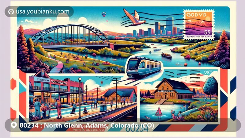 Modern illustration of ZIP code area 80234 in Northglenn, Adams County, Colorado, featuring Northglenn/112th station, Croke Reservoir Nature Area, Thede Farmhouse, E.B. Rains Jr. Memorial Park, and community life with postal elements like air mail envelope, stamp, and postmark.