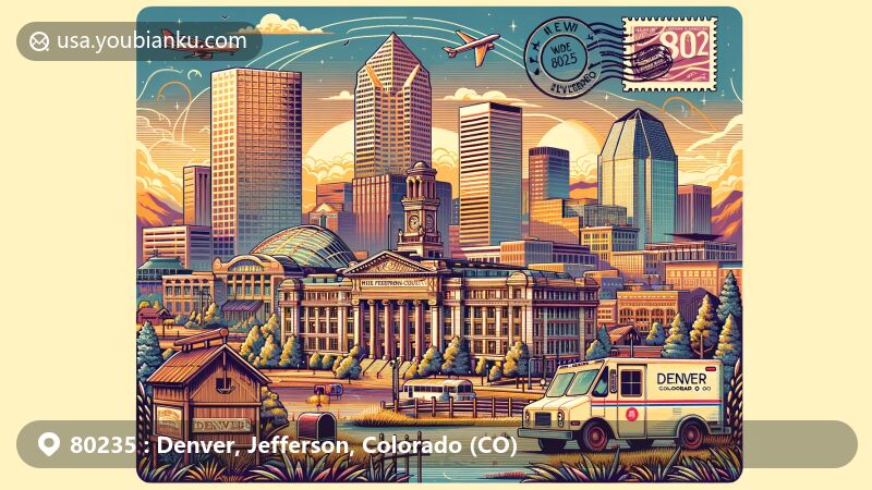 Modern illustration of Denver and Jefferson County, Colorado, showcasing iconic landmarks like Wells Fargo Center, Larimer Square, and Lower Downtown Historic District, with postal theme and ZIP code 80235.