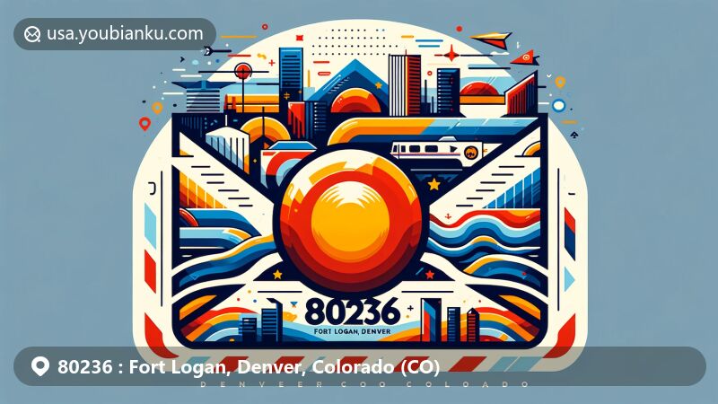 Modern illustration of Fort Logan, Denver, Colorado, showcasing postal theme with ZIP code 80236, featuring airmail envelope, Denver skyline, Colorado state flag, and postal elements.
