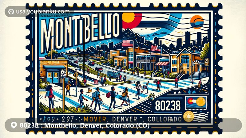 Modern illustration of Montbello, Denver, Colorado, highlighting ZIP code 80238, featuring state flag elements, Montbello High School, and diverse community activities.