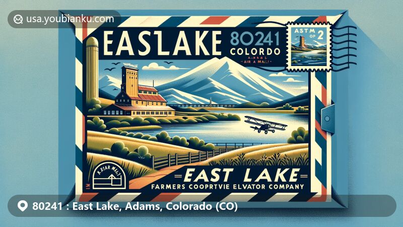 Modern illustration of East Lake Shores Park, Adams County, Colorado, blending local landmark with natural beauty and postal elements. Features stylized air mail envelope with prominent ZIP code 80241, showcasing Colorado landscapes and Eastlake Farmers Co-Operative Elevator Company stamp.