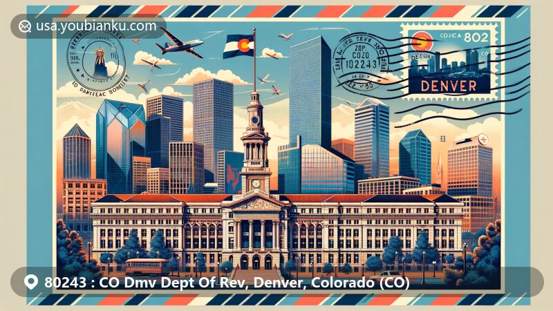 Modern illustration of ZIP code 80243, Denver, Colorado, featuring Wells Fargo Center and historical districts like Larimer Square and Civic Center Historic District.