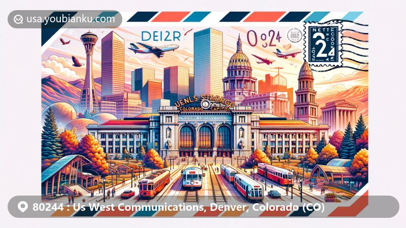 Modern illustration of Denver, Colorado's 80244 ZIP code area with Union Station, Wells Fargo Center, Colorado State Capitol, Denver Art Museum, and Colorado Convention Center, featuring airmail envelope or postcard design with stamps, postmarks, and ZIP code 80244.