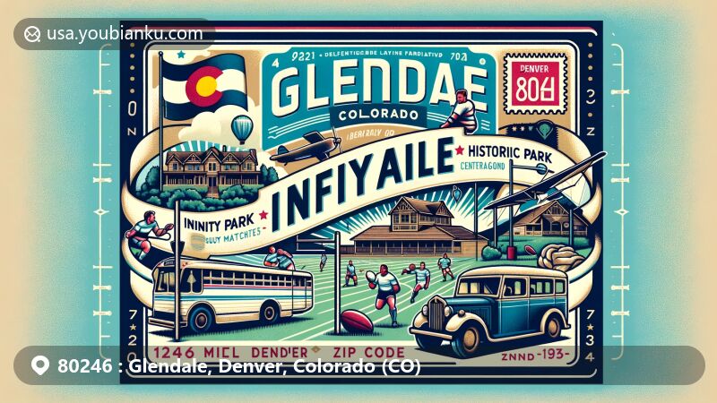 Modern illustration of Glendale, Colorado, featuring Infinity Park and Four Mile Historic Park in the 80246 ZIP code area, combining sports & history in a vibrant postal theme with a vintage airmail envelope and Colorado state flag.