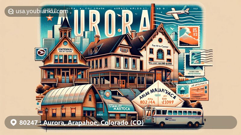 Modern illustration of Aurora, Colorado, featuring iconic landmarks like Centennial House, Fox Arts Center, DeLaney Round Barn, William Smith House, and The Stanley Marketplace, creatively intertwined with postal elements including postcard, air mail envelope, stamps, and ZIP code 80247.
