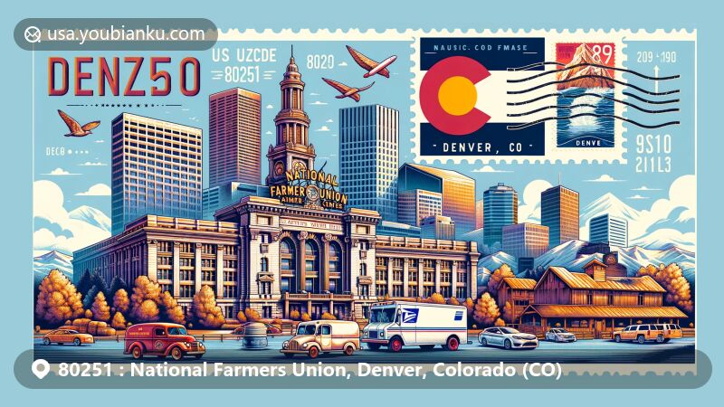 Modern illustration of ZIP code 80251 showcasing National Farmers Union sights in Denver, Colorado, incorporating landmarks like Livestock Exchange Building, Armour Building, Armour Water Tower, and Denver Civic Center, with postcard and postal communication elements.