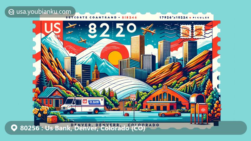 Modern illustration of ZIP code 80256, Denver, Colorado, combining Denver's skyline, Red Rocks Amphitheatre, and Colorado flag in an air mail envelope style with stamps, postmarks, and postal elements.